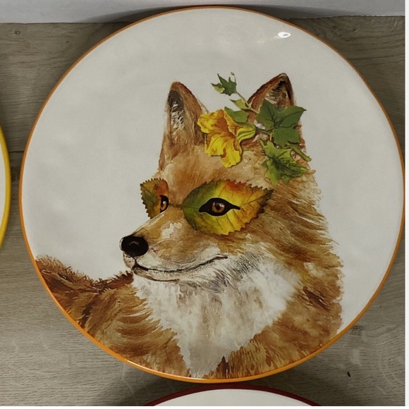Pier 1~Fall Woodland Animals Set of 4~Salad Plates~New Open Box Hand Painted - Picture 4 of 9